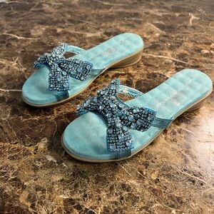 Joan Boyce Turquoise Crystal Bow Slide Sandals - Women